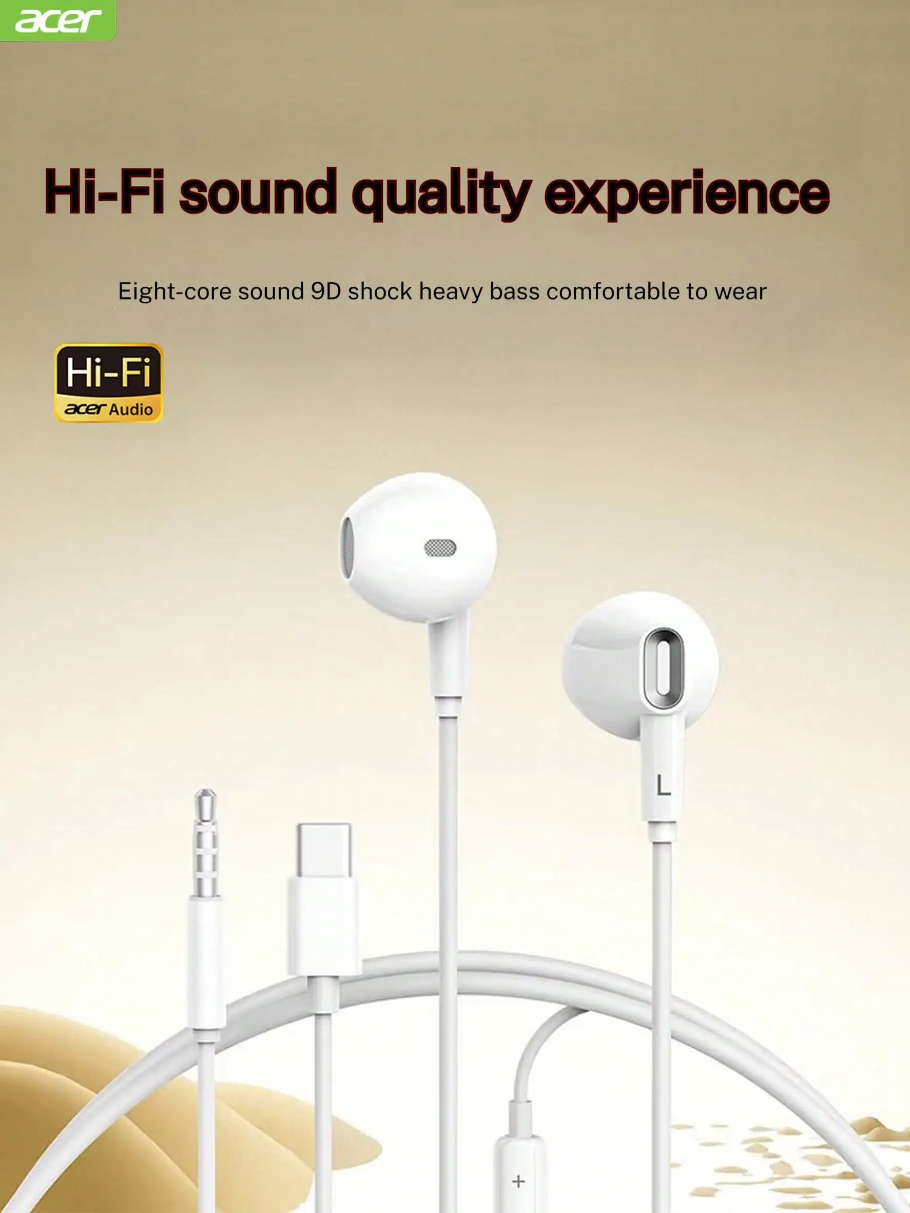 Acer Wired Headphones, Ergonomic Design, In-Ear Style With In-Line Controls And Microphone, Suitable For Music, Gaming, Karaoke, Compatible With Apple, Huawei, And Xiaomi Phones, White.