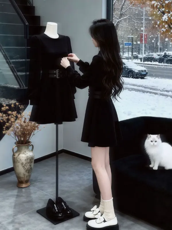 

Hebe Sle Long Sve Slim Fit Dr Korean Winter Faion High Waist Bla Dr Ele Aosphere Body a Dr