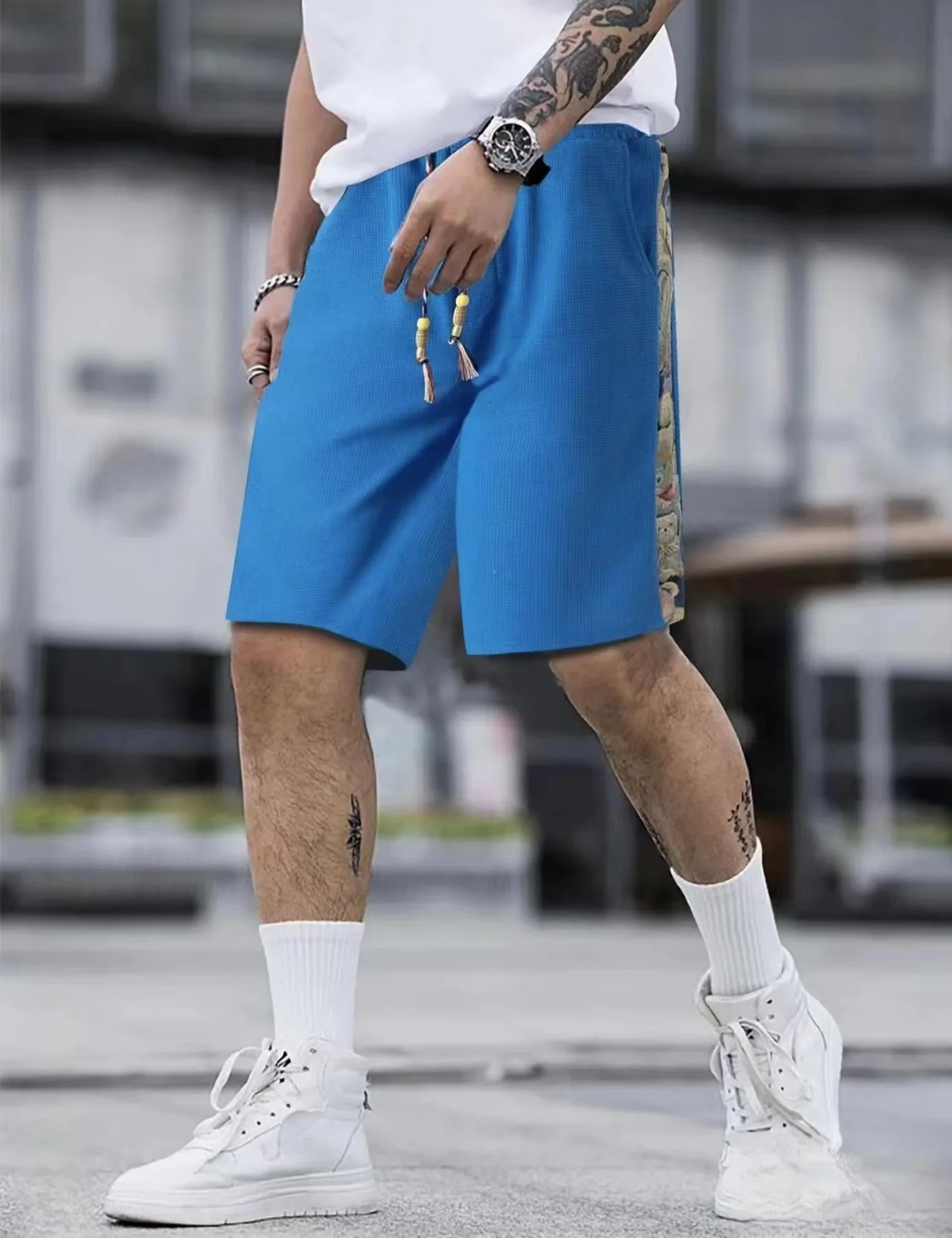 Global summer men's new jacquard quarter pants solid color striped Waffle sports fitness shorts