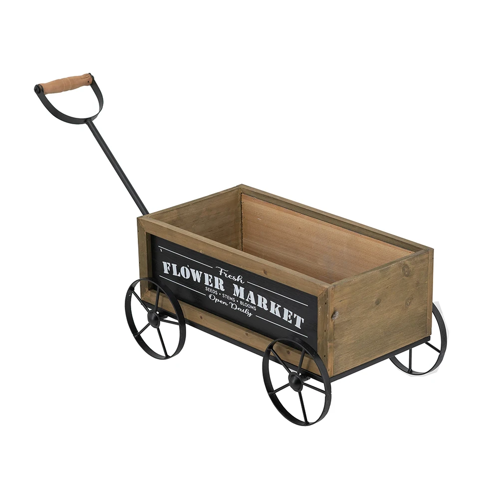 Traditional Carriage Shaped Flowerpot with Black Iron Wheels and Handles, Natural Brown Finish, Black Metal Wheels, Rustic, Vintage, and Chic Rustic Wooden Truck Seeder That Can Accommodate Herbs, Seasonal Flowers, or Creeping Plants