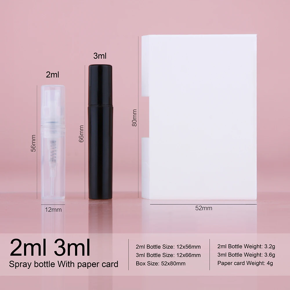 100 200Pcs 2ml 3ml Perfume Mini Vials Plastic Bayonet Spray Bottles With Package Card Fragrance Sample Tester Bottles