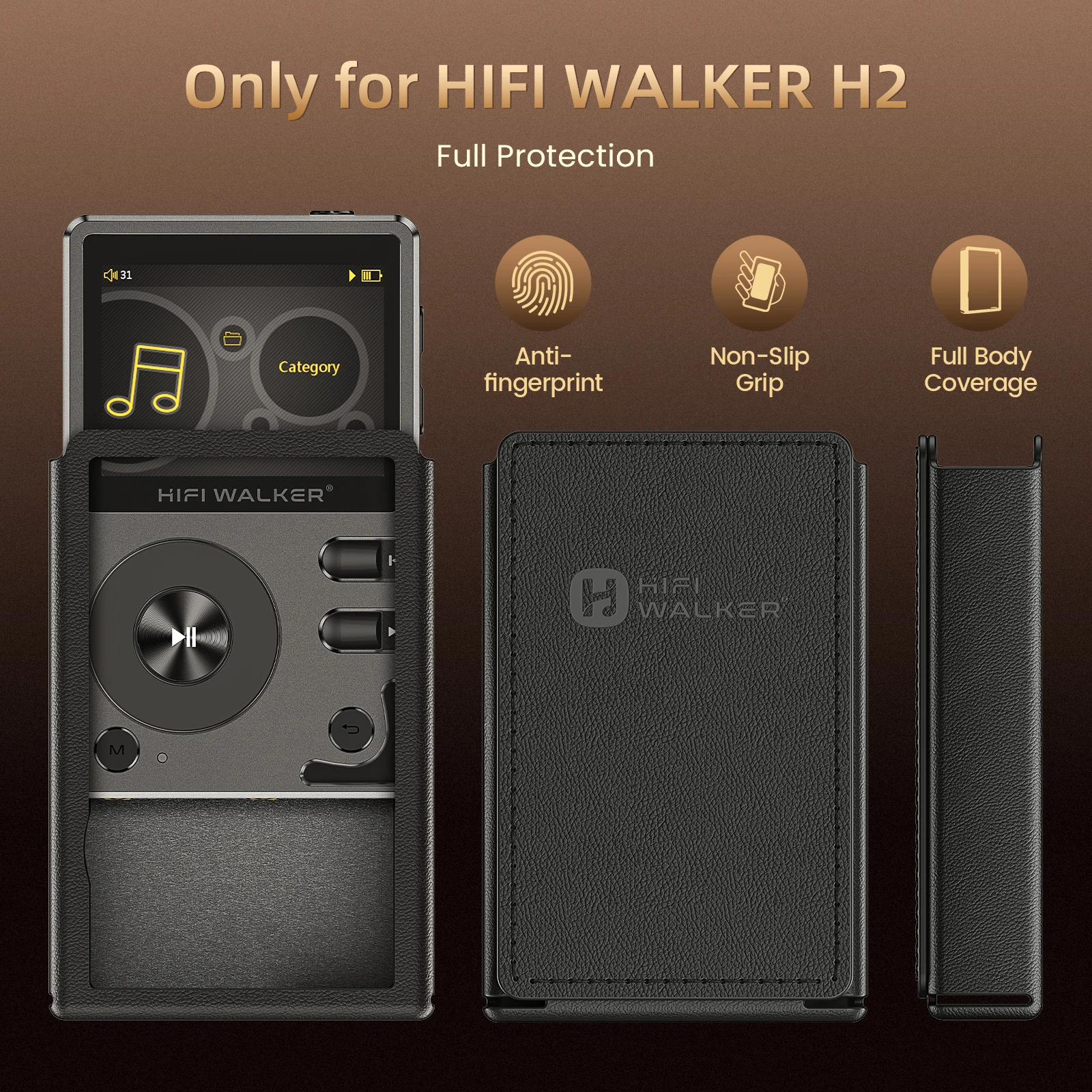 HIFI WALKER Protective PU Leather Case for H2 Portable HiFi Music Player, Shockproof & Durable, Black
