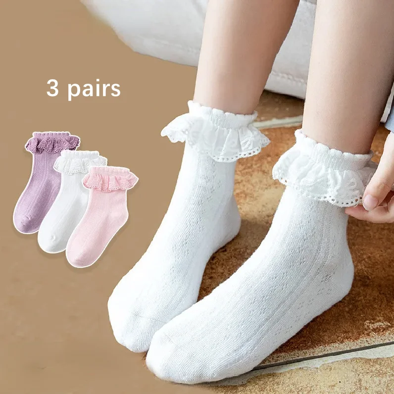 

3 Pairs Kids Princess Ruffle Solid Color Socks Calf Sock for Baby Girls Spring Autumn Cotton Soft Frilly Children Girl Sock