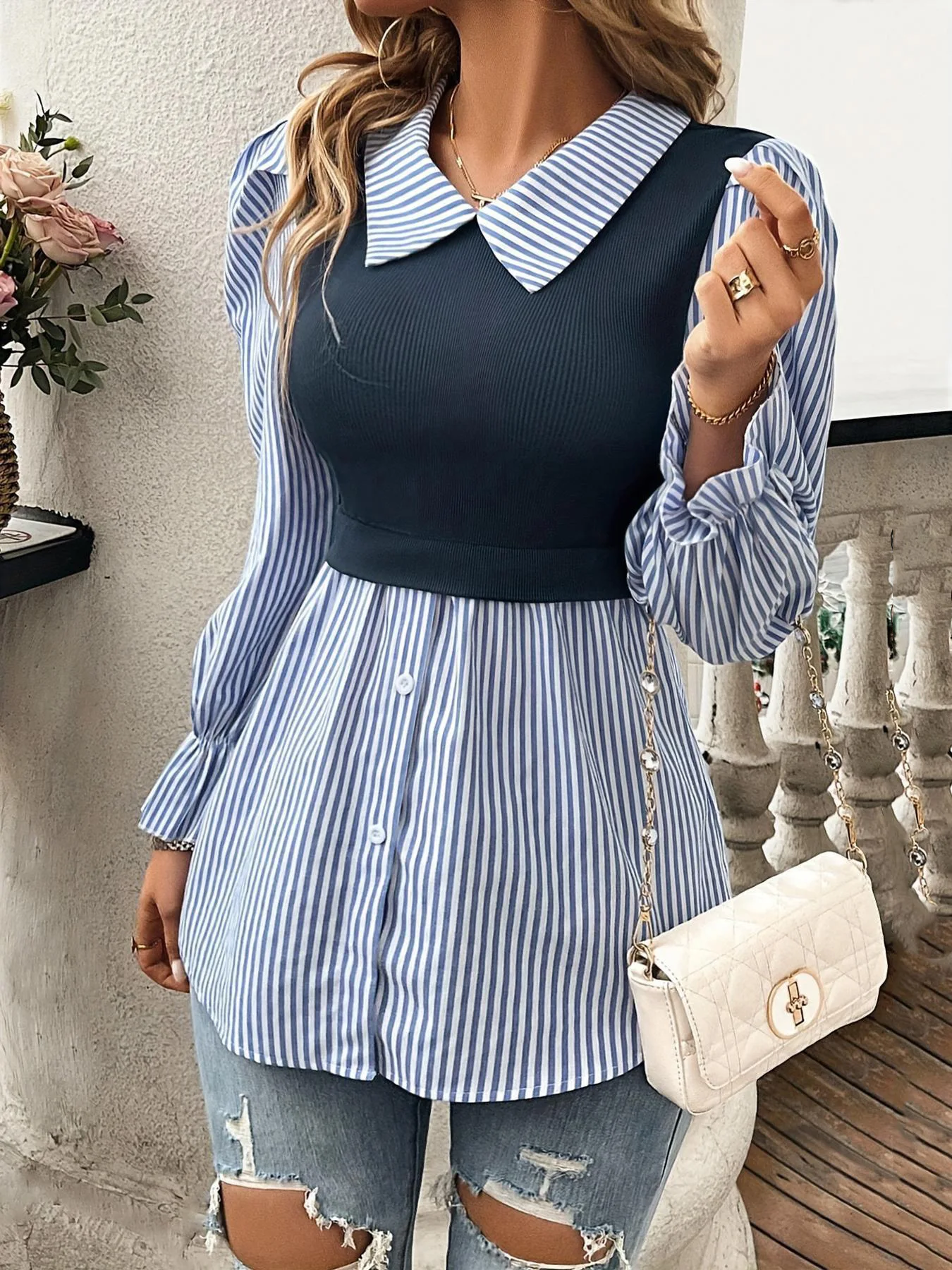 

Fashionable Blouse Striped Buttoned Longline Blouse Turnover Collared Colorblock Blouse Layered TwoPiece Look Overshirt