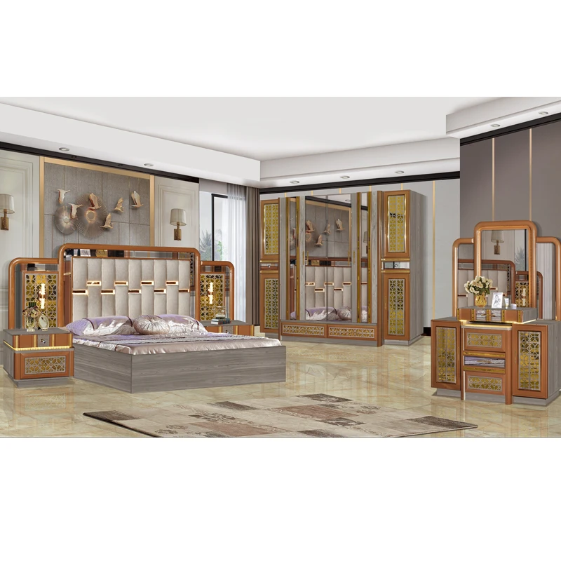 

New Design Wooden Main Extra Large Lightweight Luxury Complete Bedroom Furniture Set Comfortable 5 Pieces Customized