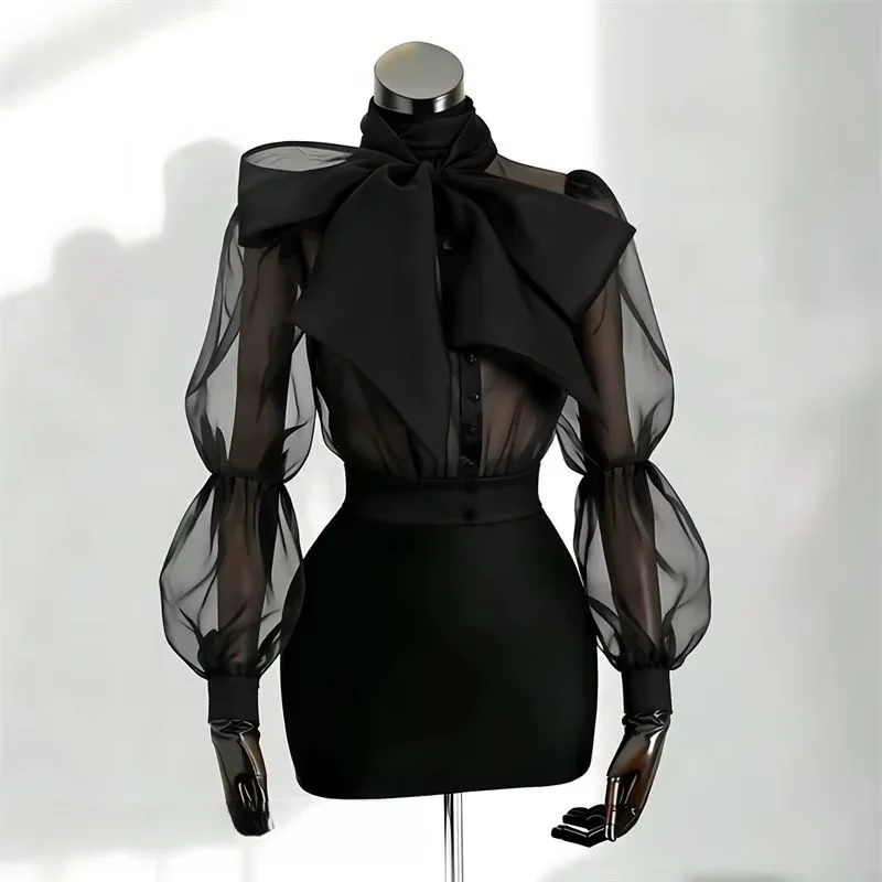 

French fashion design yarn dress bubble sleeve bow shirt women's spring and summer temperament high sense of light casual shirt