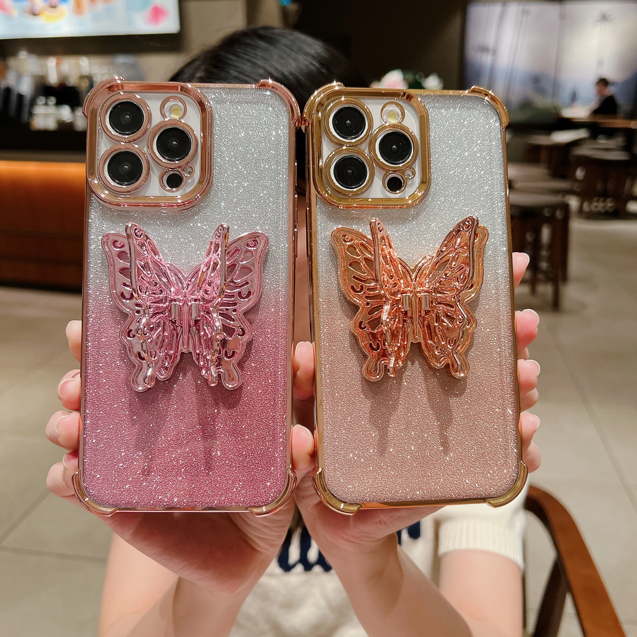 Fundas de teléfono chapadas con soporte de mariposa para IPhone, 15, 14 Pro Max, 13, 12, 11, purpurina degradada, protección a prueba de golpes, cubierta trasera