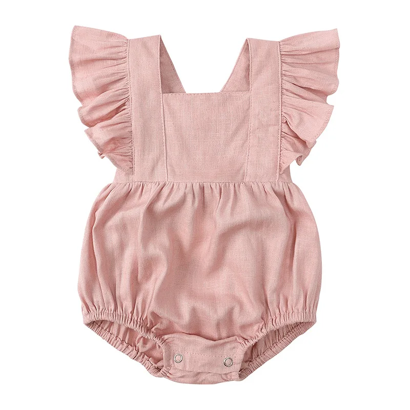 New Summer Newborn Casual Bodysuit Baby Girls Solid Flying Sleeve Cotton Linen Rompers Infant Toddler Jumpsuit Clothing