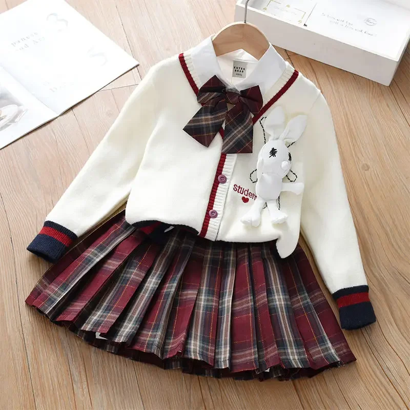 Spring Fall  Girl Suit Casual Clothing British Style cardigan+ Sweater White Shirt + Plaid Skirt + Bow Children\'S School Uniform