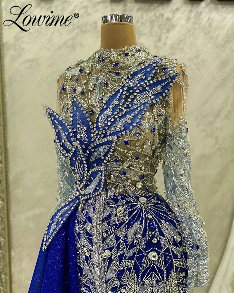 Aso Ebi Crystals Blue Party Dress for Weddings Beaded Long Sleeve Second Reception Prom Engagement Gowns Arabic Evening Dresses