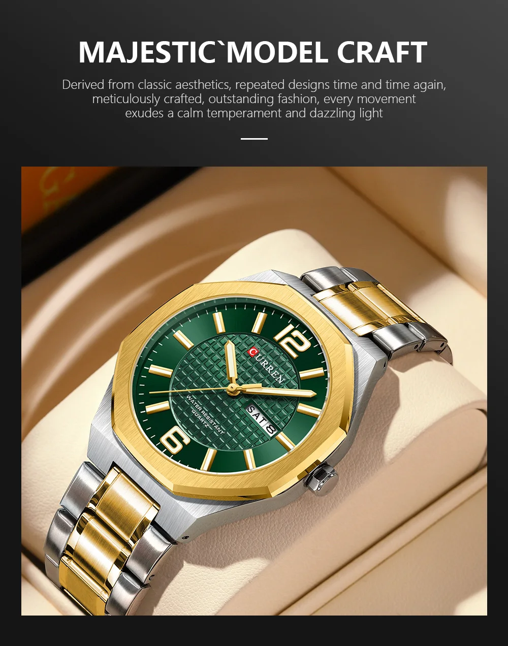 CURREN Herren-Businessuhr Quarz mit Tages- und Datumsanzeige, Edelstahlarmband, schlanke Armbanduhr für Männer, Leuchtzeiger – Detail 4