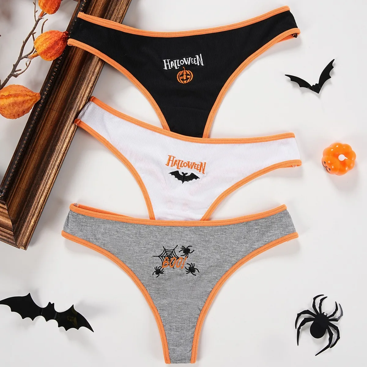 Halloween Pumpkin Women\'s Thong Thin Breathable Traceless Cotton Sexy Underwear Funny Embroidery Soft Seamless Briefs Lingerie