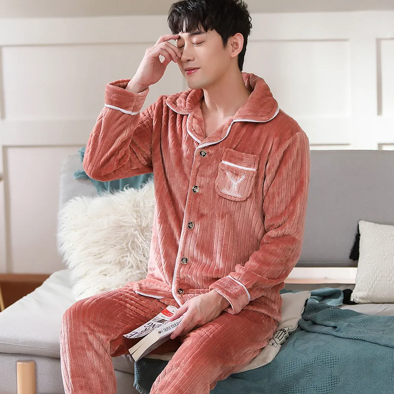 Autumn Winter  Pajamas Men\'s Long Sleeve Coral Velvet New Plush and Thick Home Suit Set Comfortable Warm Daily Wear  Pijama