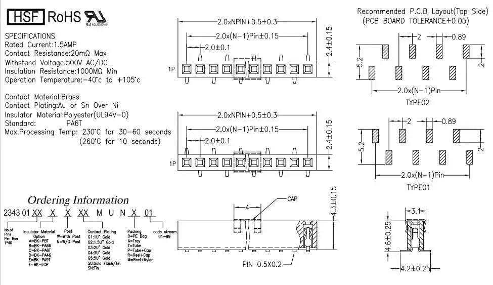 1 Stück SMD Einreihiger Doppel-Buchsenstecker 1*40P 2×40P Versetzter Rastermaß 2,0 mm Vertikaler Typ – Detail 4