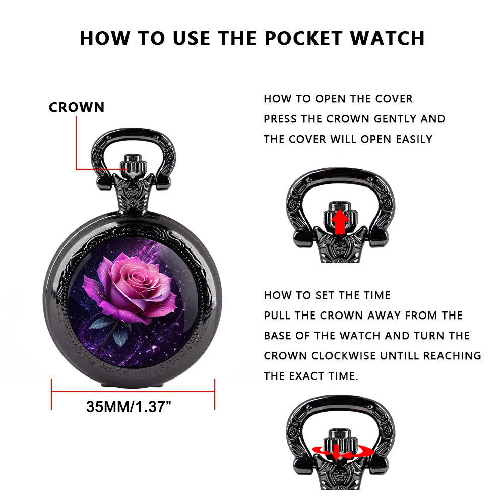 Unique Fashion Personality Quartz Pocket Watch for Women Men Retro Rose Pocket&Fob Chain Watches Jewelry Gifts Accessories