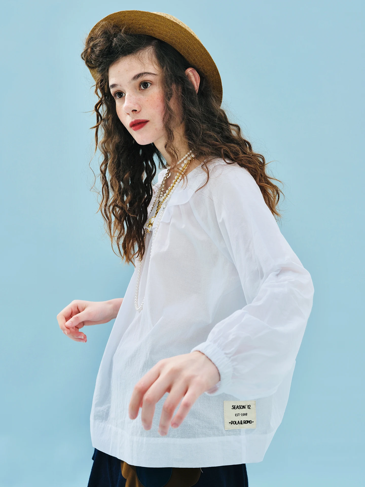 Women's White Ruffled Neckline Long - Sleeve Shirt Loose Fit Pleated Front Blouse 255170