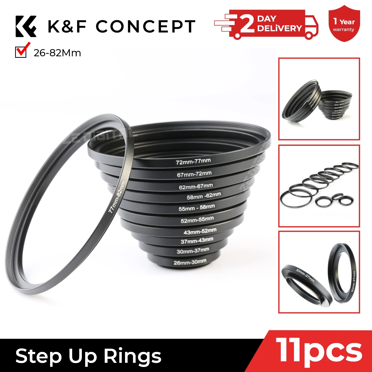 

K&F Concept 11pcs Camera Lens Adapter Ring Step Up or Step Down Ring Sets 26-82mm Compatible for Canon Nikon Sigma Tamron DLSR