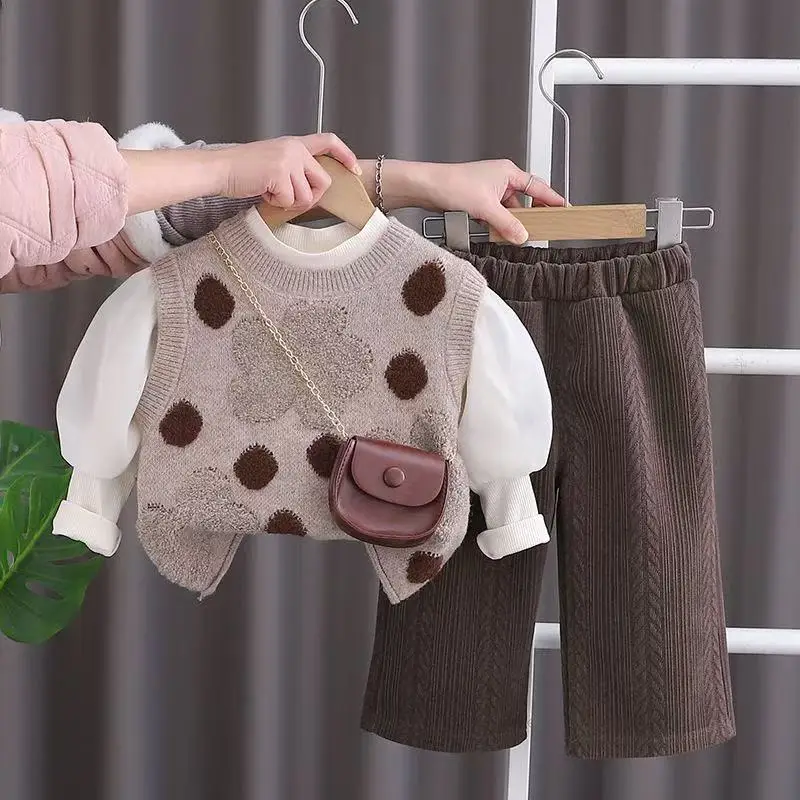

Girls' Sweater Set Children's Bow Cardigan knitted Jacket+mesh Puffy Skirt Two-piece Set Princess Style Korean Version Sweater