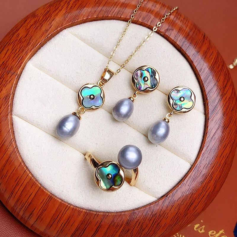 one Set abalone shell freshwater pearl white/gray/pink/purple/gray/yellow/black earring ring pendant