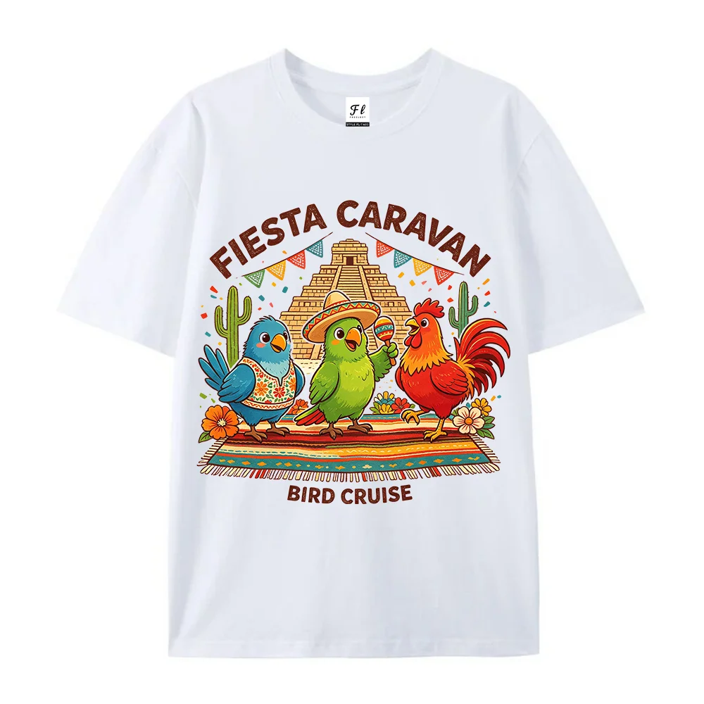 MenFiesta Caravan T Shirt Funny Mexican Birds Graphic Print Tees White Cotton Casual Short Sleeve Beach Holiday Tops