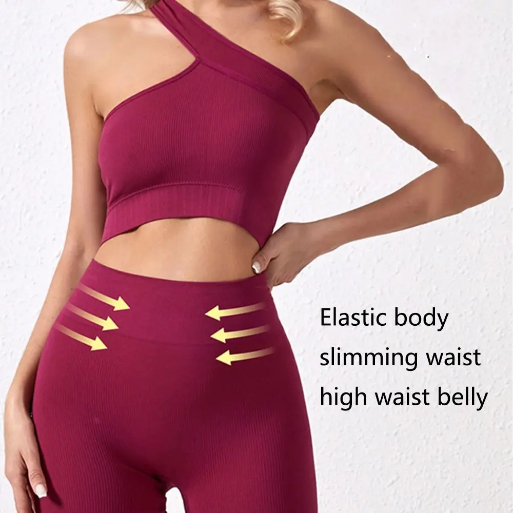 2Pcs Casual Seamless Women Workout Sets High Waist One Shoulder Active Wear Tank Tops Ribbed Sports Bra Running