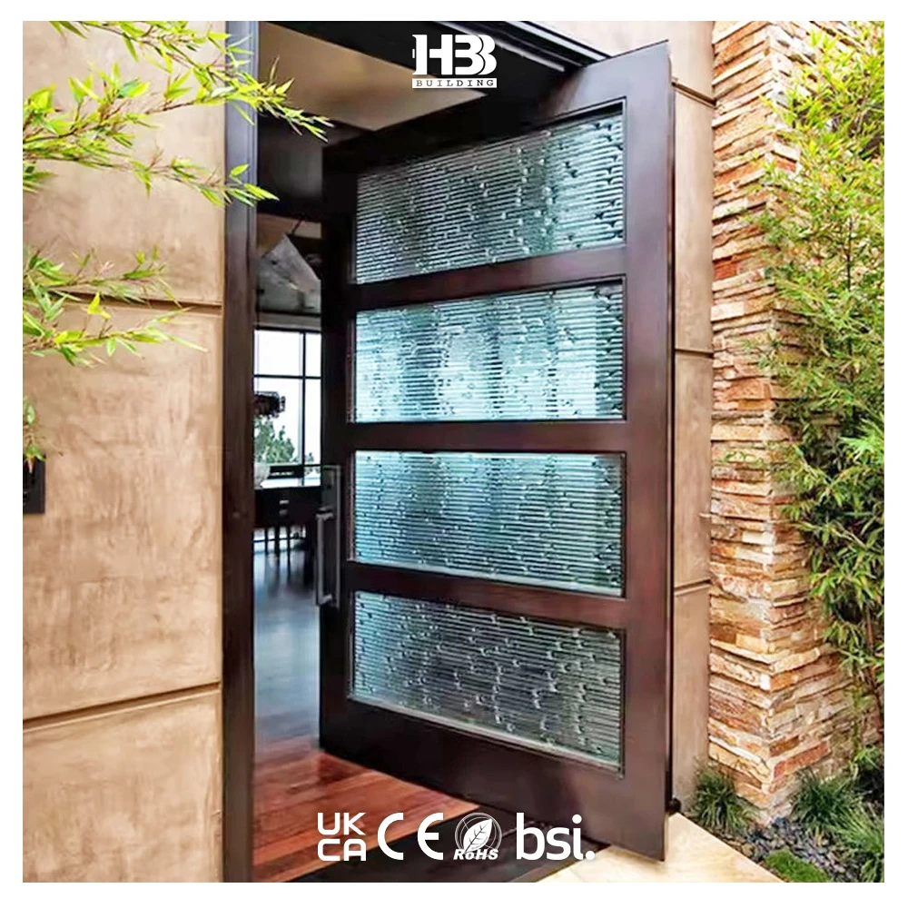 Modern Residential Heavy  Swing Hinge Privacy Glass Inserted Solid Wooden Exterior Main Entrance Door Villa Fire Prevention