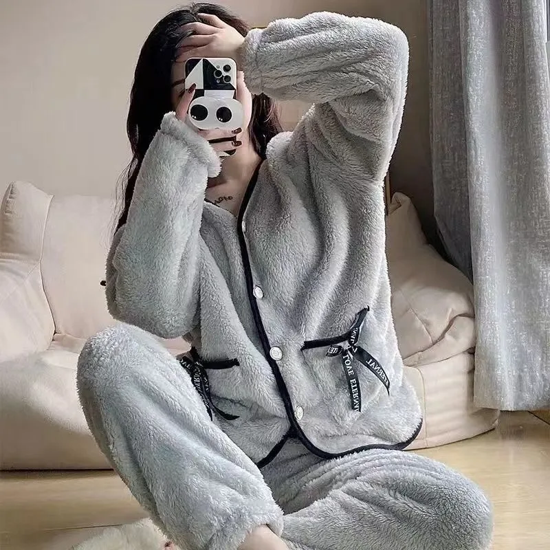 Pajama Women Winter Coral Velvet Cute Sweet Student Thickened Warm Cozy Warm Flannel Home Wear Set Upscale Cotton Pajama