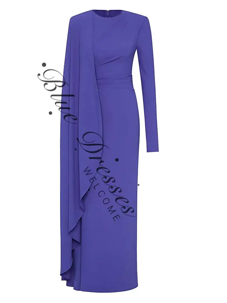 ชุดเดรสยาวแขนยาวสำหรับผู้หญิง ดีไซน์หรูหรา พร้อมผ้าคลุมไหล่แบบเดรป ชุดราตรีออกงานสีน้ำเงินรอยัล ดูสง่างามและมีระดับ