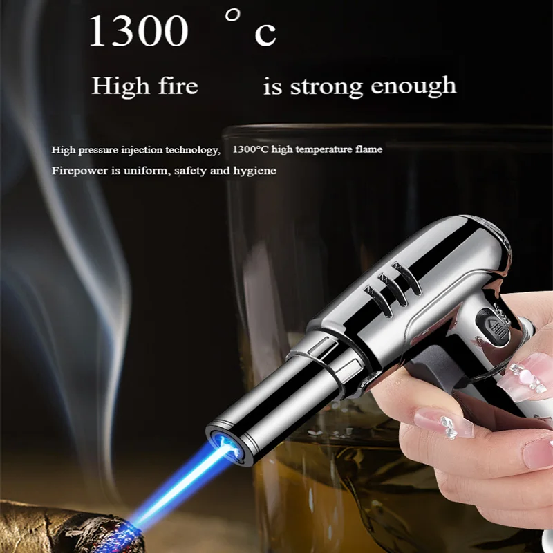 

Silver Torch Lighter, Metal Cigar Lighter, Portable High-End Cocktail Smoking Kit, Powerful Flame, Adjustable, Safety Lock