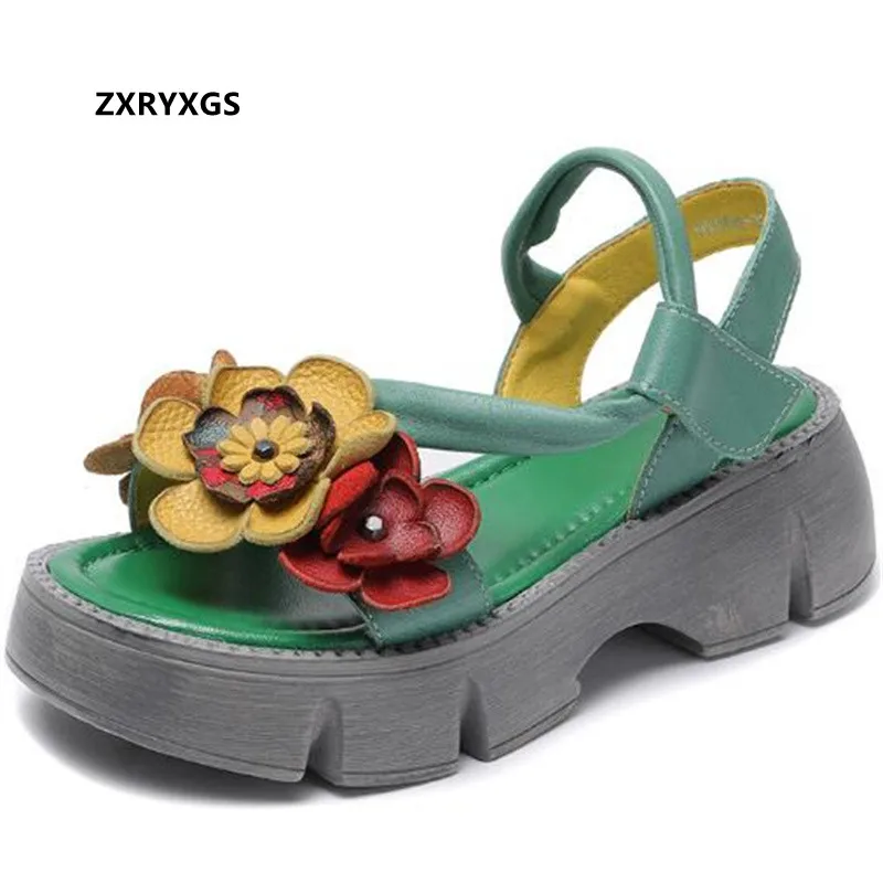 2024 Summer Full Genuine Leather Classic Flowers Shoes Women Fashionable Sandals Thick Sole Heightening Sandals Trendy Sandals