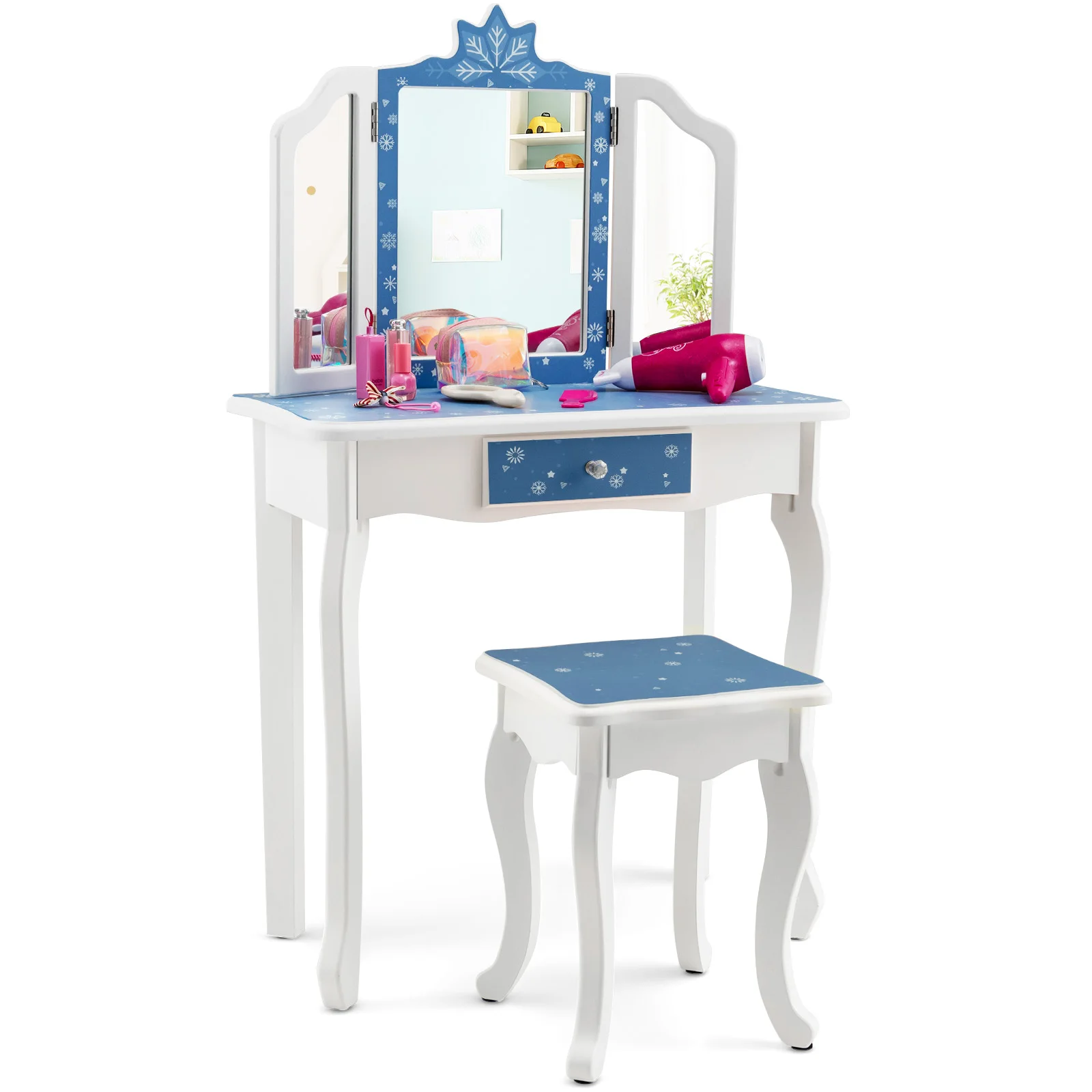 

Kid Vanity Set Wooden Makeup Table Stool Tri-Folding Mirror Snowflake Print Blue