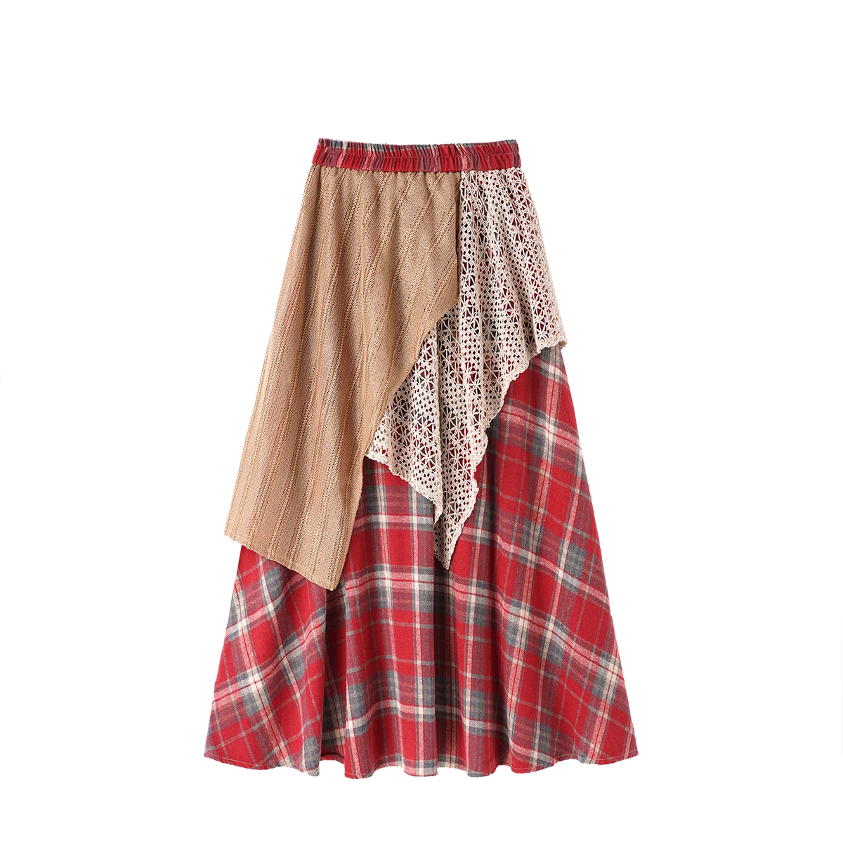 

Irregular design sense splicing woolen plaid skirt women's winter new high-waisted swinging a-shaped skirt