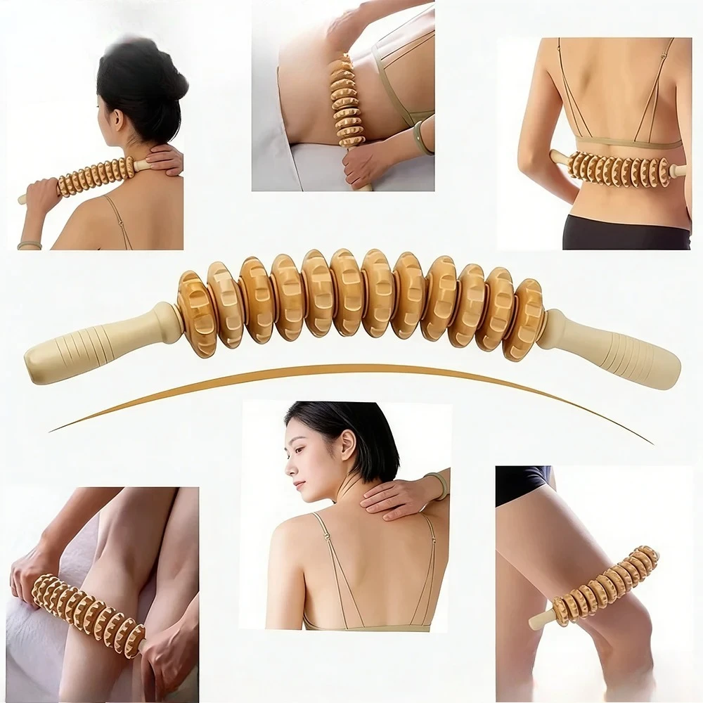 Rouleau de massage profond pour jambes, hanches et dos, avec bras d'engrenage en bois et poignée antidérapante.