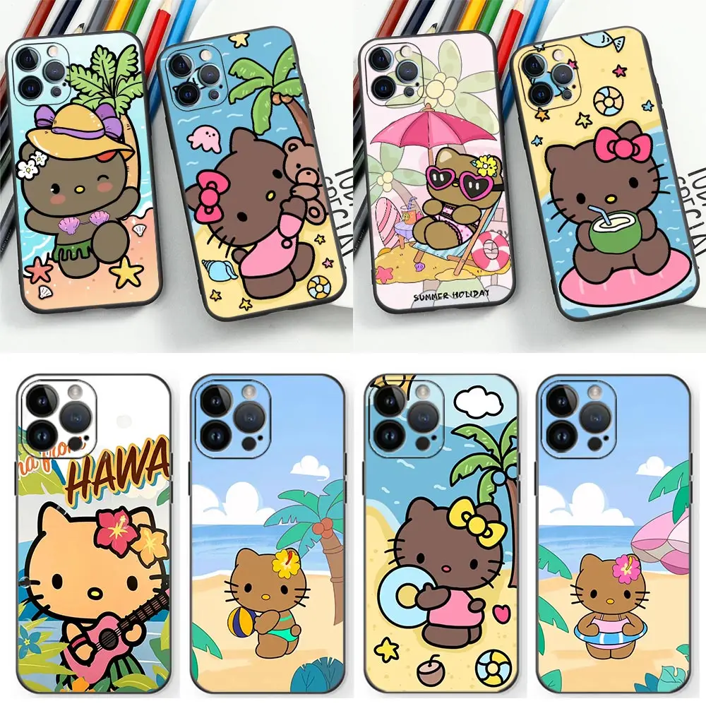 Beach Black Hello Kitty Phone Funda Coque Case For iphone Apple 14 13 12 11 Pro XS Max Mini X XR SE 8 7 6S 6 Plus Case Shell