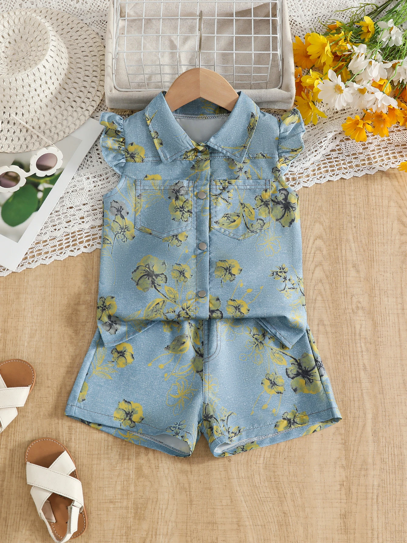 

Новое поступление лета: стильный легкий комплект из топа с короткими рукавами и шорт с развевающимися рукавами и цветочным принтом, летняя мода для девочек, комплект Two-Pi