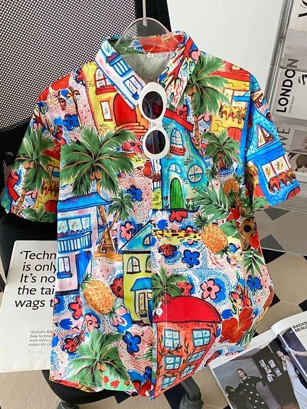 

Hawaii Print ort Sve Casual Loose Beach irt Women's Faionable Vintage Top Polyester Thin Fabric Collar