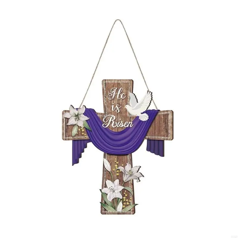 

92MF He Is Risen Wooden Crosses Sign Easters Decoration Christian Flower Hanger for Religious Faith and Spring Home Decors