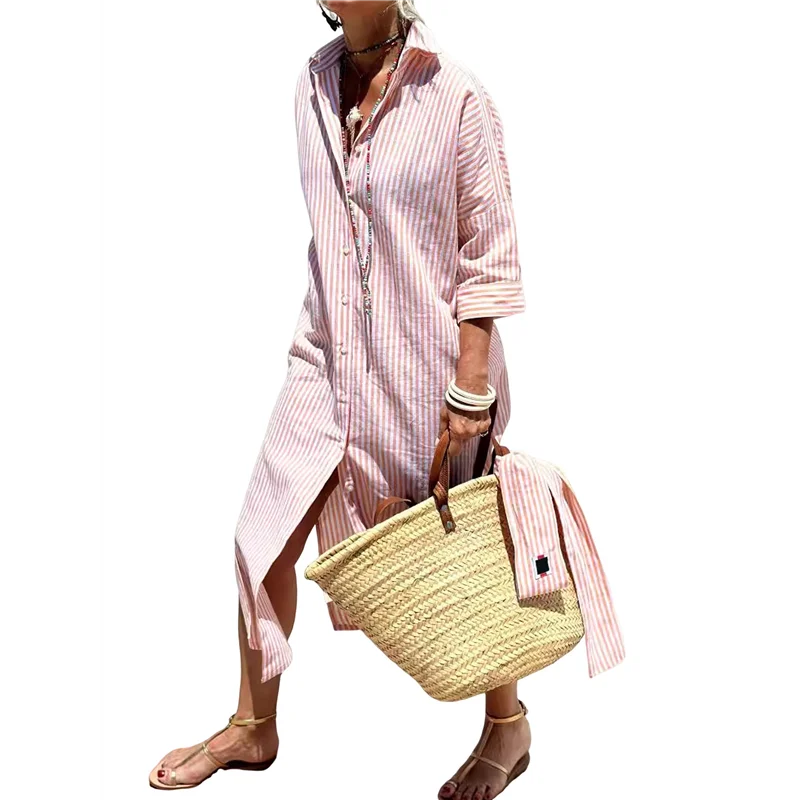 ABP-Vestido camisero para mujer, informal, con solapa, manga 3/4, cuello abotonado, lazo con abertura, vestido maxi resort