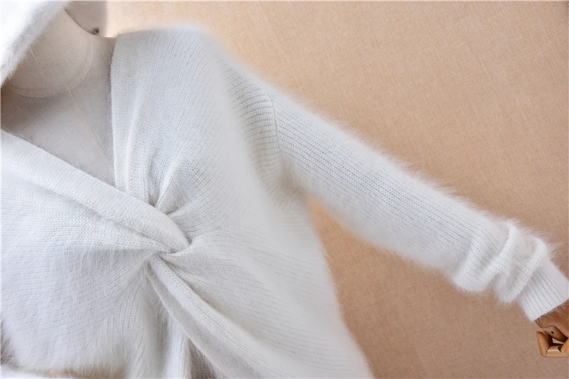 Dames femmes automne hiver mode blanc attaché poilu vison cachemire tricoté col en v manches longues ample Long Pull Pull Pull
