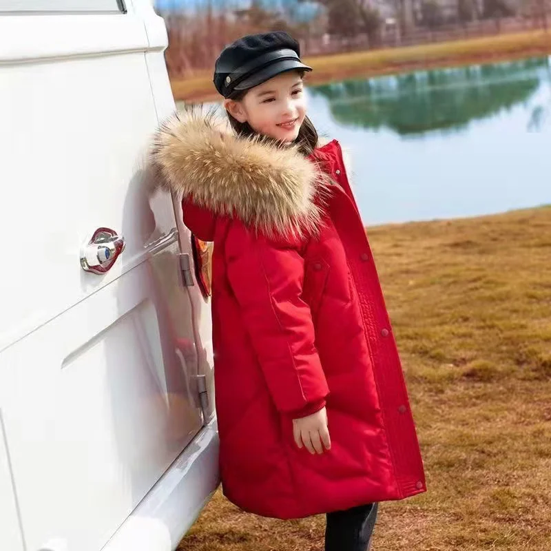 Girls Winter Outerwear Casual Cotton Fur Collar Hooded Clothes Kids Thicken Warm Parkas Children Solid Colour Fashion Jackets