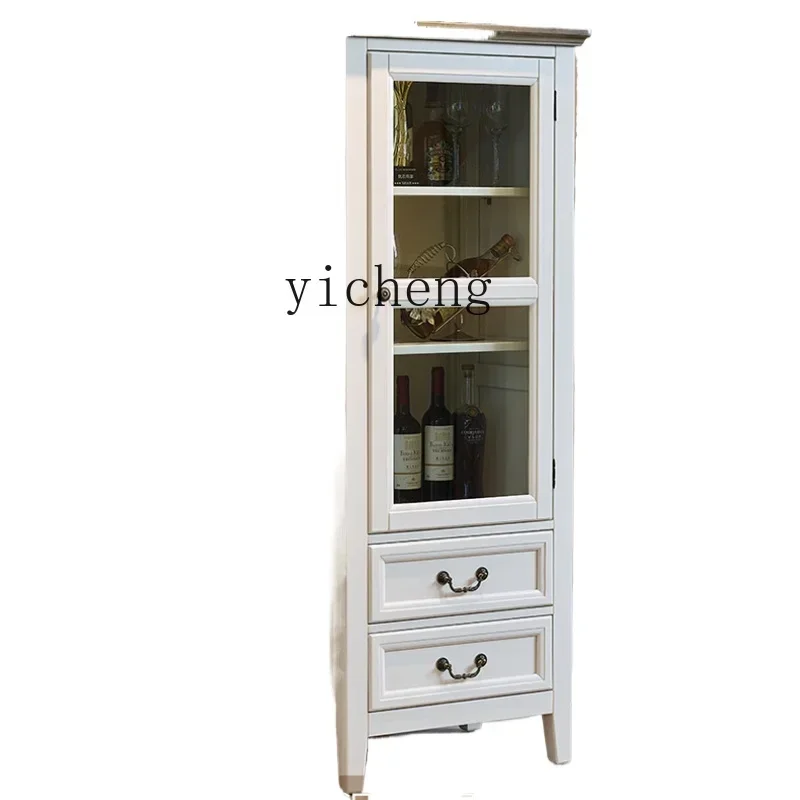 

TQH rustic white all solid wood single door glass wine cabinet pastoral living room display locker