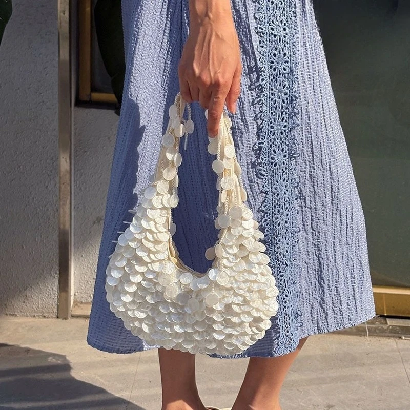 

Весенне-летняя сумка-пельмень ручной работы с пайетками и текстурой ракушек, портативная сумка для ужина, сумка через плечо.