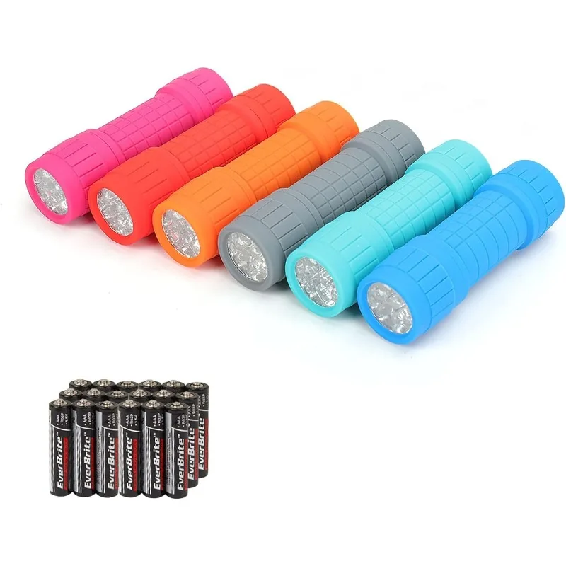 

EverBrite 9-LED Flashlight 6-Pack Impact Handheld Torch Assorted Colors with Lanyard 3AAA Battery Included (Hurricane Supplies