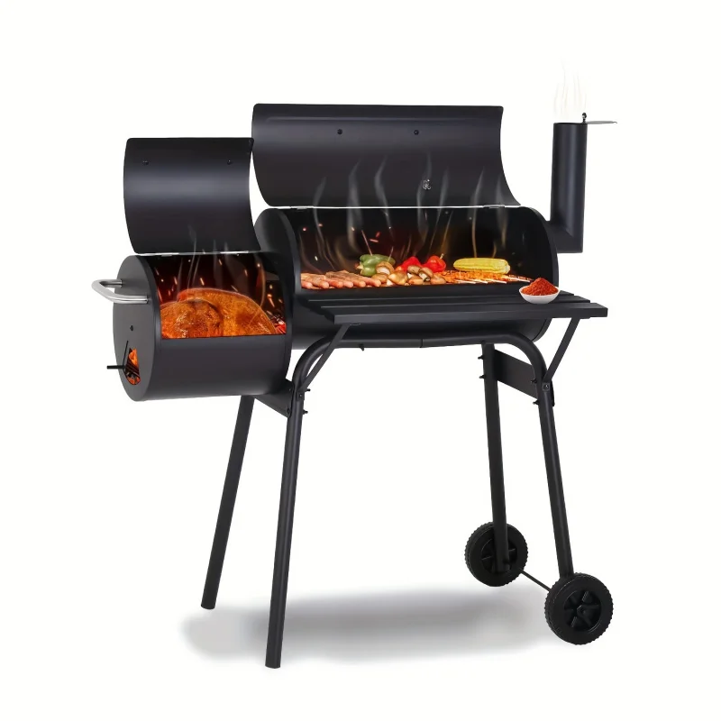 Outdoor Offset Smoked Portable Charcoal Grill with Wheels，for Backyard Camping Picnic