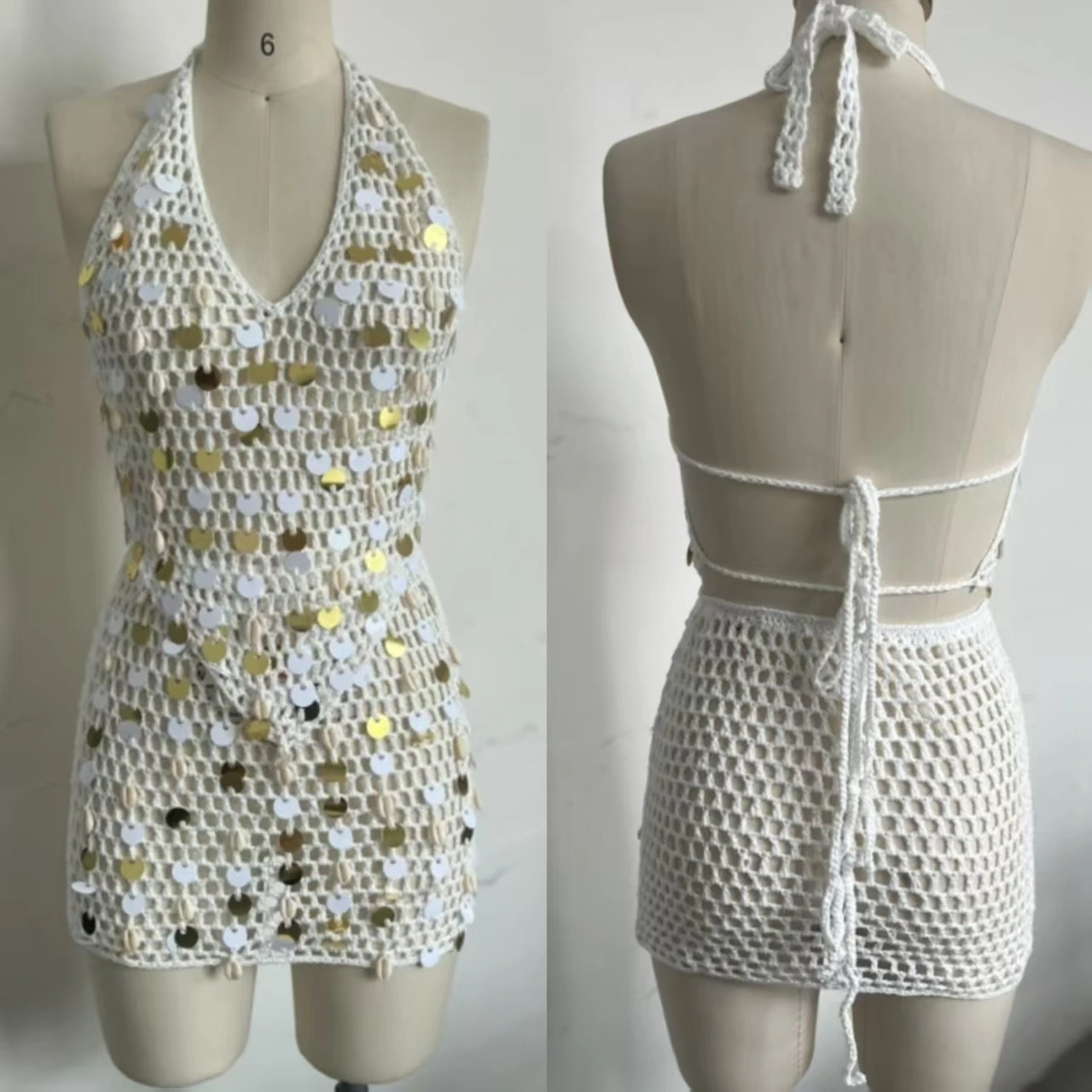 

Lace Up Halter Top Shell Sequin Skirt 2 Piece Set Woman Sexy Hollow V Neck Sleeveless Backless Vest Women 2025 Summer Clothes