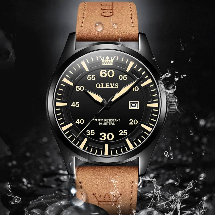 OLEVS 43MM Herrenuhr Piloten-Militärstil Quarz-Armbanduhr Lederarmband Datumsanzeige Leuchtend Wasserdicht Casual Sport Reloj