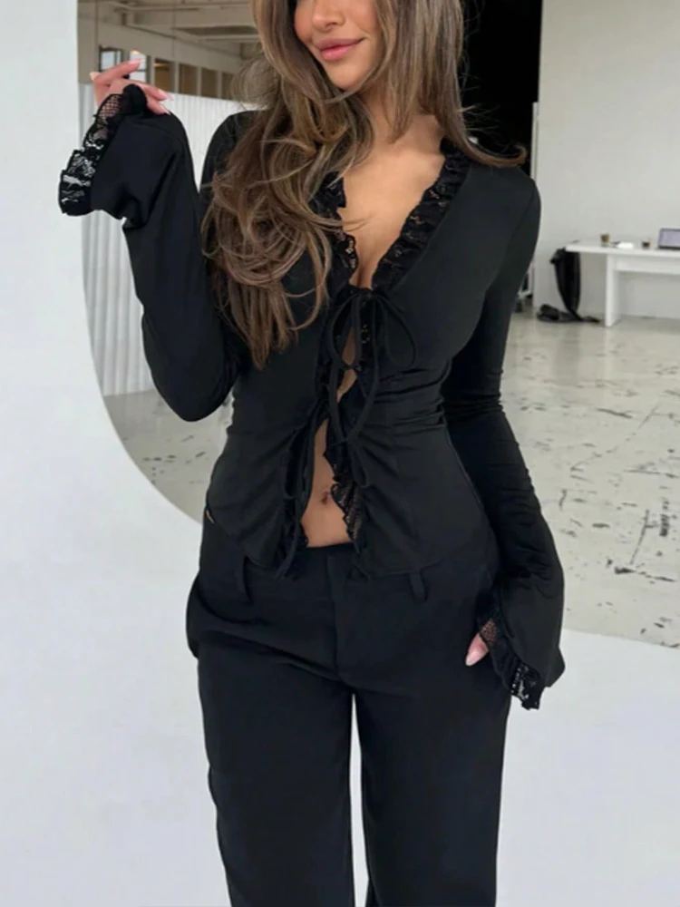 

Новый Y2K Sexy Hottie Slim Fit Кружевная рубашка с расклешенными рукавами Kpop Черная элегантная женская одежда Универсальный модный топ для вечеринок