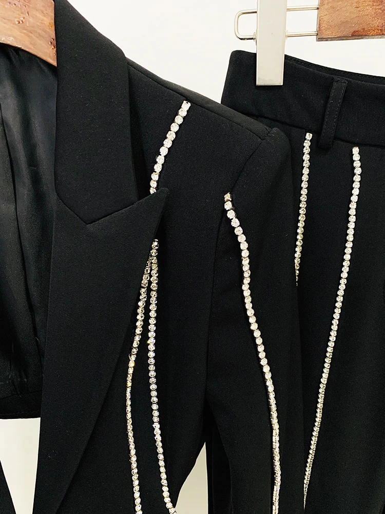 Conjunto de traje de diseñador para mujer, Blazer con cuentas de diamantes y un solo botón, pantalones acampanados, alta calidad, novedad de 2024