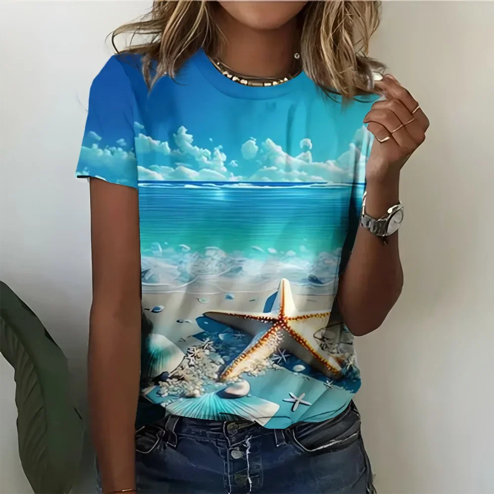 เสื้อยืดผู้หญิงลายเปลือกหอยปลาดาวมหาสมุทร Y2K สไตล์ชายหาดลำลองแฟชั่นสบายฤดูร้อนสีฟ้าคอกลมแขนสั้น