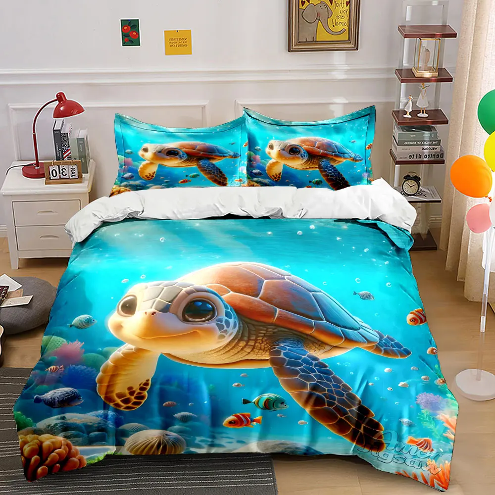 

Smiling turtle underwater scene. Print Bedding Set 1 Duvet Cover 2 Pillowcases for Adult and Children Luxury Gift Full Size